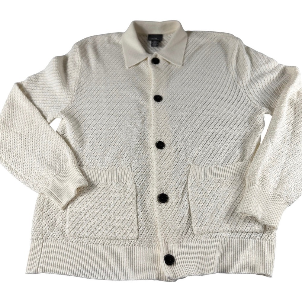 HM Mens Cream Knit Button Up Cardigan Sweater Regular Fit Medium Open Weave